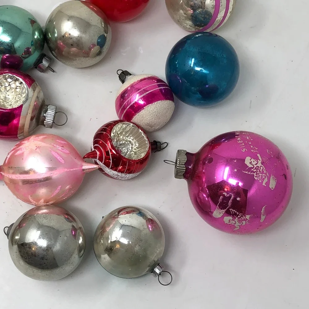 Vintage Mercury Glass Christmas Ornaments Lot of 17 Reflector UFO Teardrop